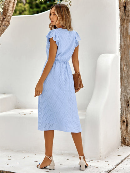 Women's Midi Dress - V-Neck - Ruffled Short Sleeves - Fitted Waist - Elegant Flowy Fit