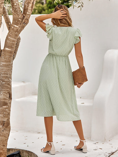 Women's Midi Dress - V-Neck - Ruffled Short Sleeves - Fitted Waist - Elegant Flowy Fit