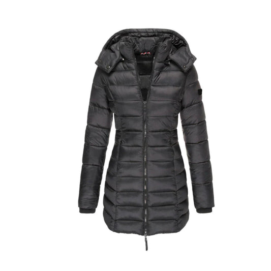 Womens long puffer jacket with hood and zipper closure