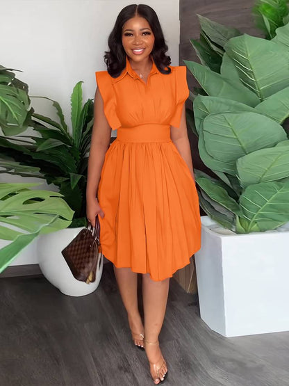 Women's Midi Dress - Fitted Waist - A-Line Silhouette - Collared - Cap Sleeves