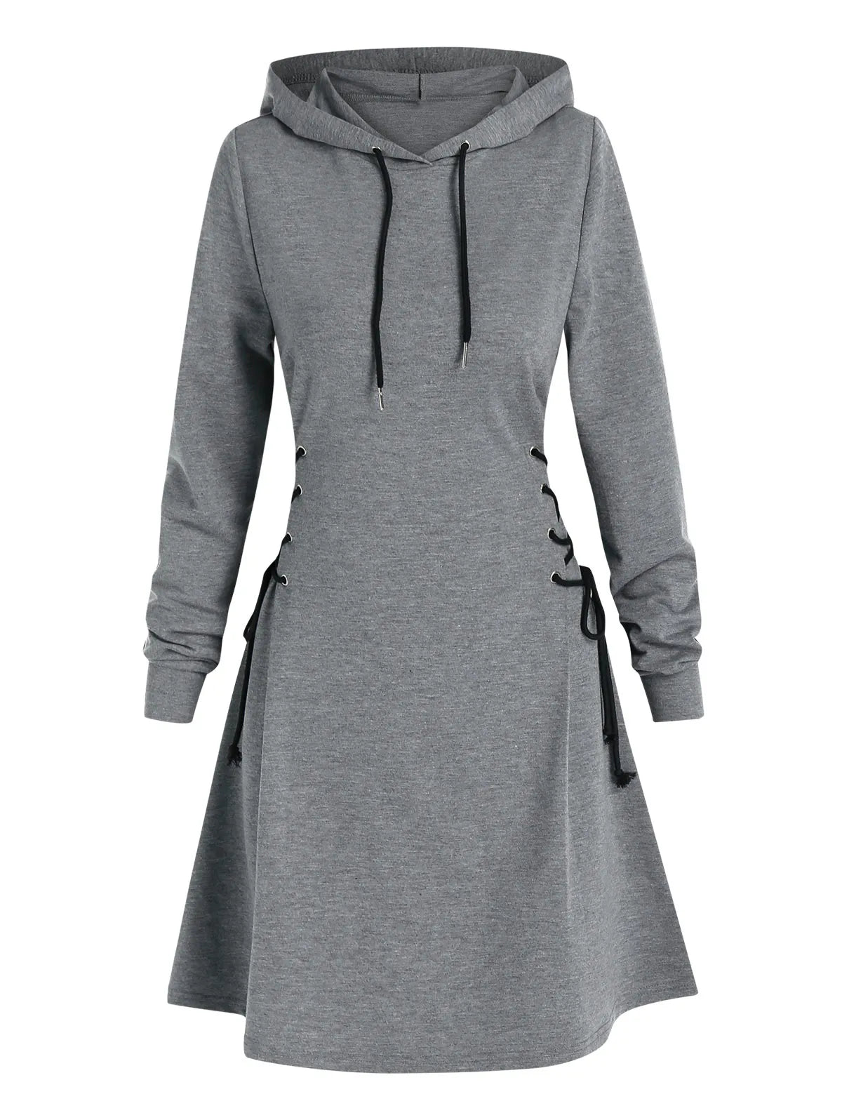 Women's Hooded Mini Dress - A-Line Fit - Lace-Up Sides - Long Sleeve Casual Wear