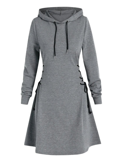 Women's Hooded Mini Dress - A-Line Fit - Lace-Up Sides - Long Sleeve Casual Wear