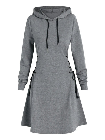 Women's Hooded Mini Dress - A-Line Fit - Lace-Up Sides - Long Sleeve Casual Wear
