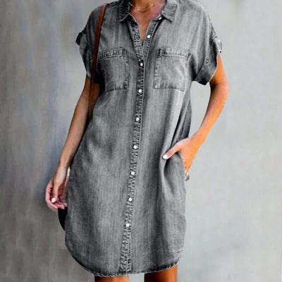 Women's Denim Shirt Dress - Button-Down - Short Sleeve - Knee-Length Relaxed Fit