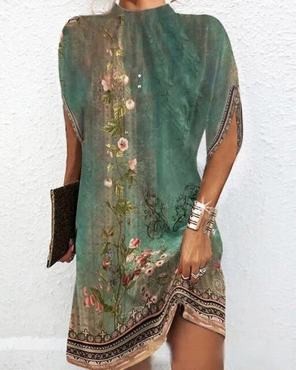 Women’s Short Dress – Relaxed Fit – Botanical Print – High Neck – Slit Sleeves