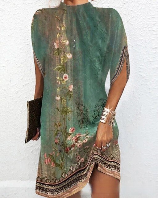 Women’s Short Dress – Relaxed Fit – Botanical Print – High Neck – Slit Sleeves