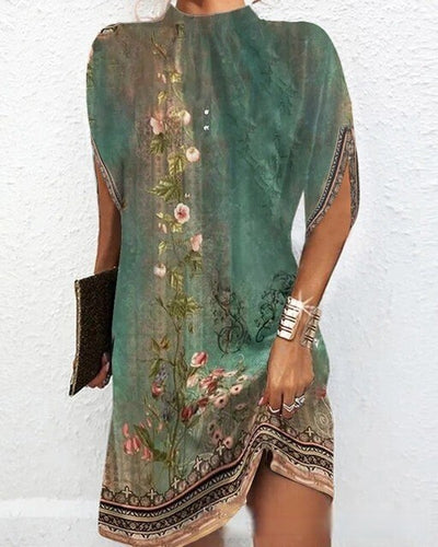 Women’s Short Dress – Relaxed Fit – Botanical Print – High Neck – Slit Sleeves