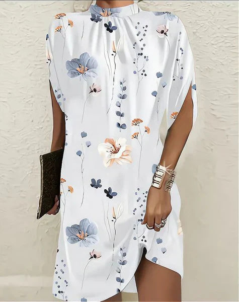 Women’s Short Dress – Relaxed Fit – Botanical Print – High Neck – Slit Sleeves