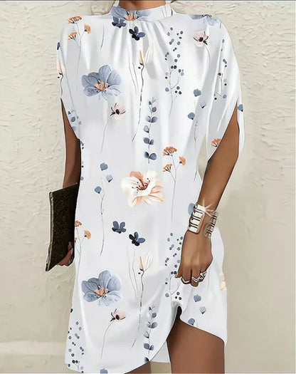 Women’s Short Dress – Relaxed Fit – Botanical Print – High Neck – Slit Sleeves