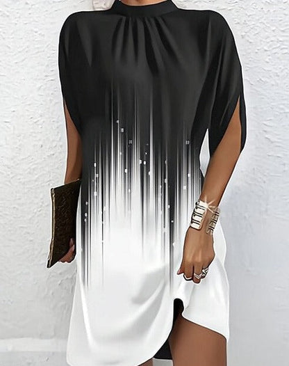 Women’s Short Dress – Relaxed Fit – Botanical Print – High Neck – Slit Sleeves