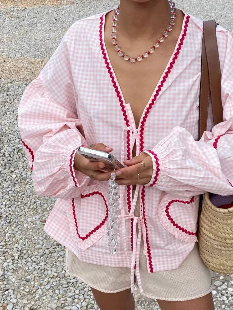 Pink Plaid Sweetheart Long Sleeve Blouse for Women