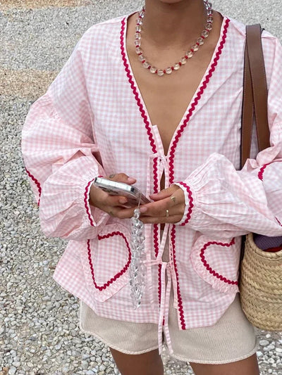 Pink Plaid Sweetheart Long Sleeve Blouse for Women