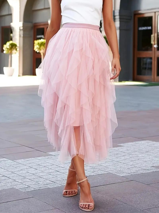 Women’s Midi Skirt – High Waisted Fit – Layered – Ruffle Detail – Flowing Silhouette
