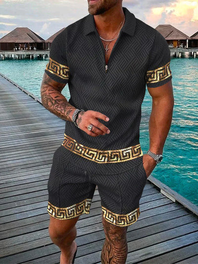 Men’s Two-Piece Set - Textured Short-Sleeve Zip Polo & Matching Shorts - Casual Wear