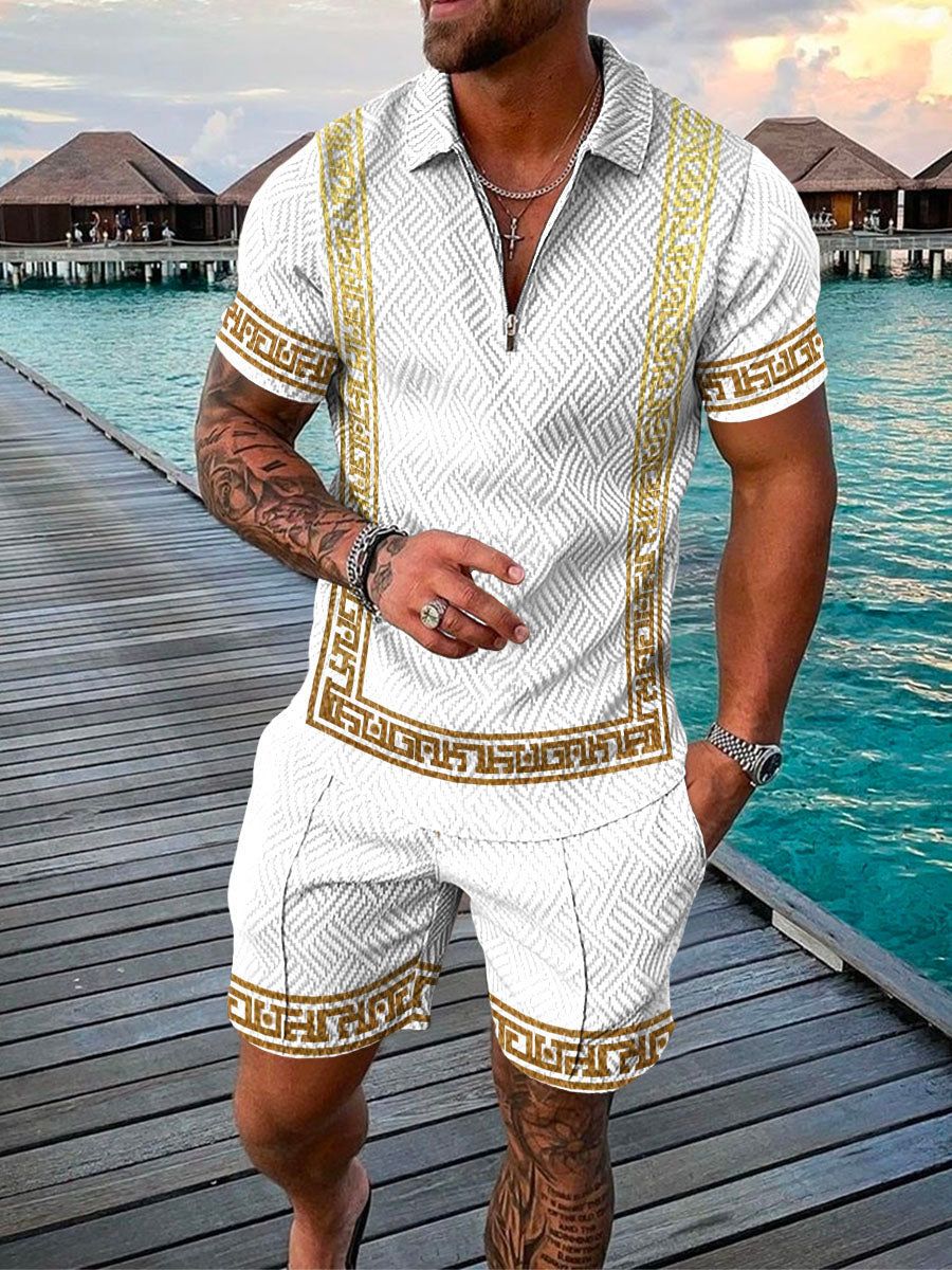 Men’s Two-Piece Set - Textured Short-Sleeve Zip Polo & Matching Shorts - Casual Wear