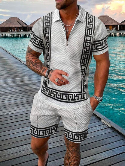 Men’s Two-Piece Set - Textured Short-Sleeve Zip Polo & Matching Shorts - Casual Wear