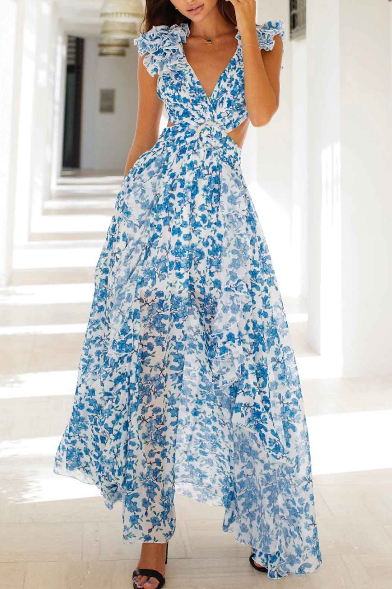 Floral Deep V-Neck Ruffled Backless Maxi Dress with Slit