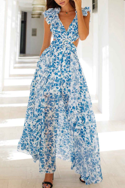 Floral Deep V-Neck Ruffled Backless Maxi Dress with Slit