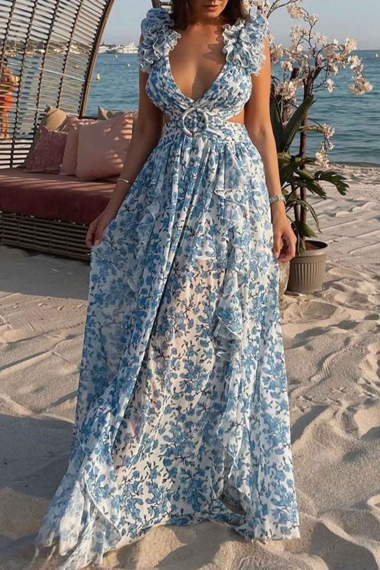 Floral Deep V-Neck Ruffled Backless Maxi Dress with Slit