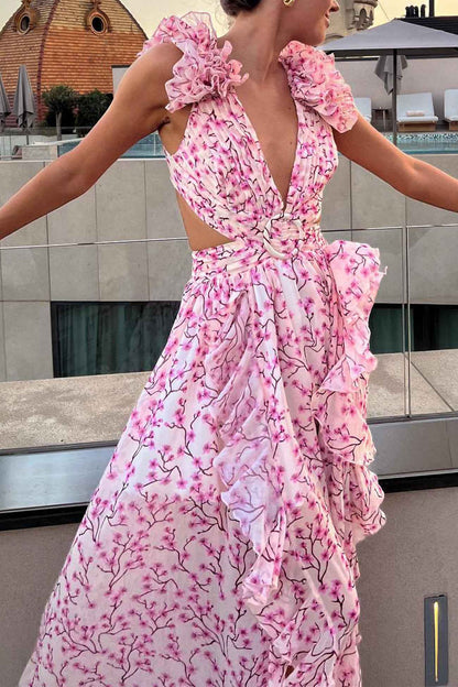 Floral Deep V-Neck Ruffled Backless Maxi Dress with Slit