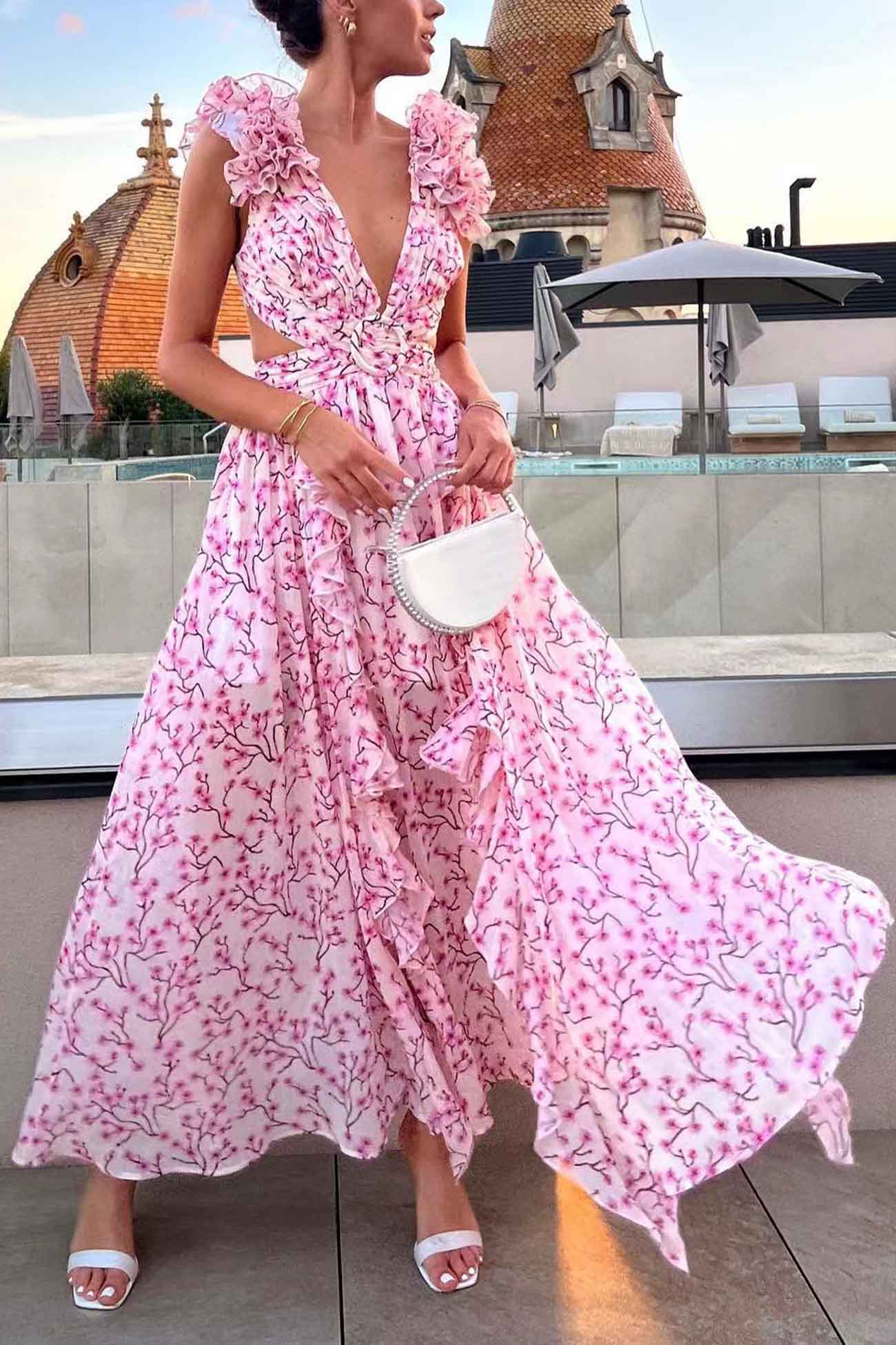 Floral Deep V-Neck Ruffled Backless Maxi Dress with Slit