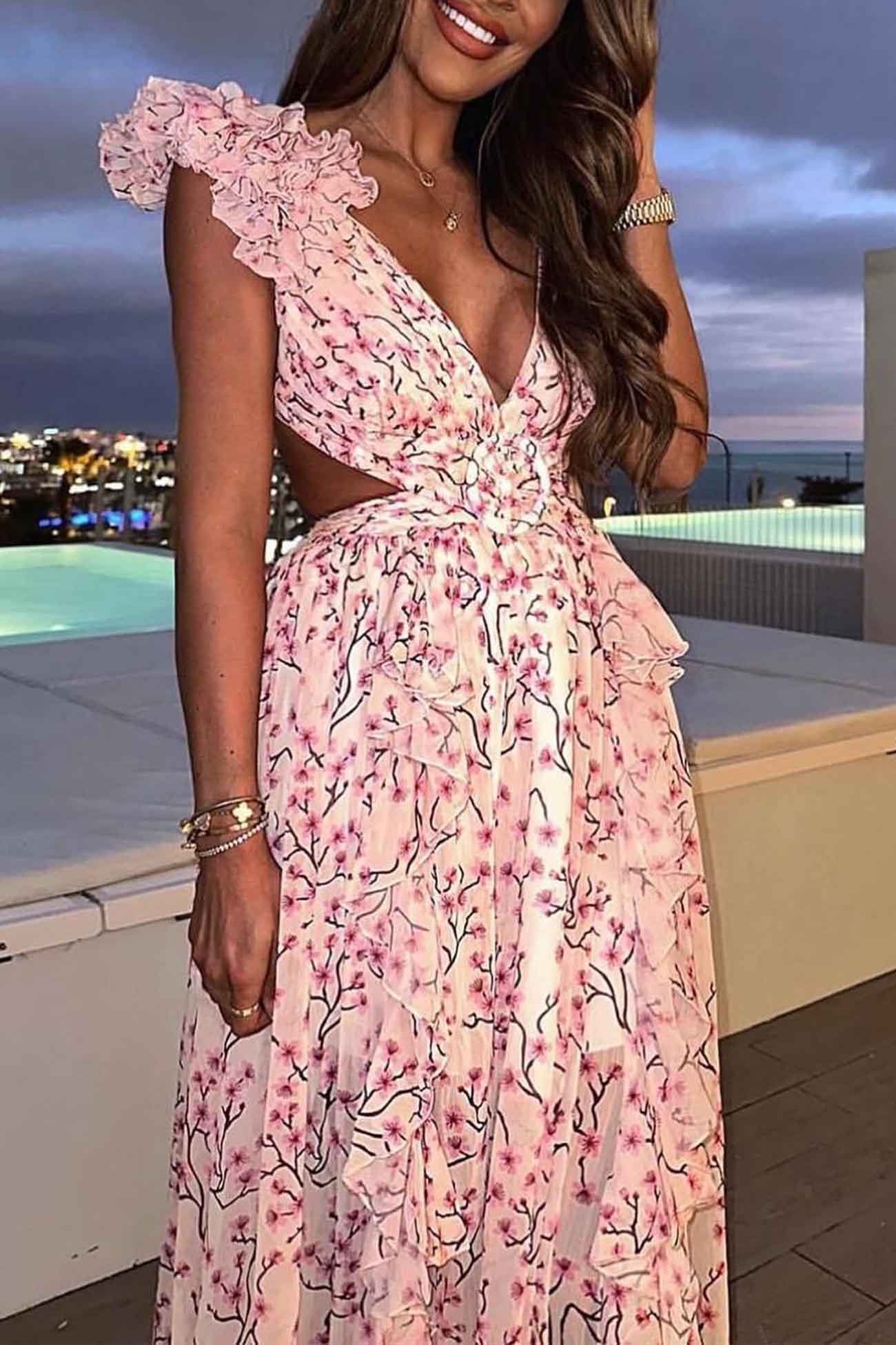 Floral Deep V-Neck Ruffled Backless Maxi Dress with Slit