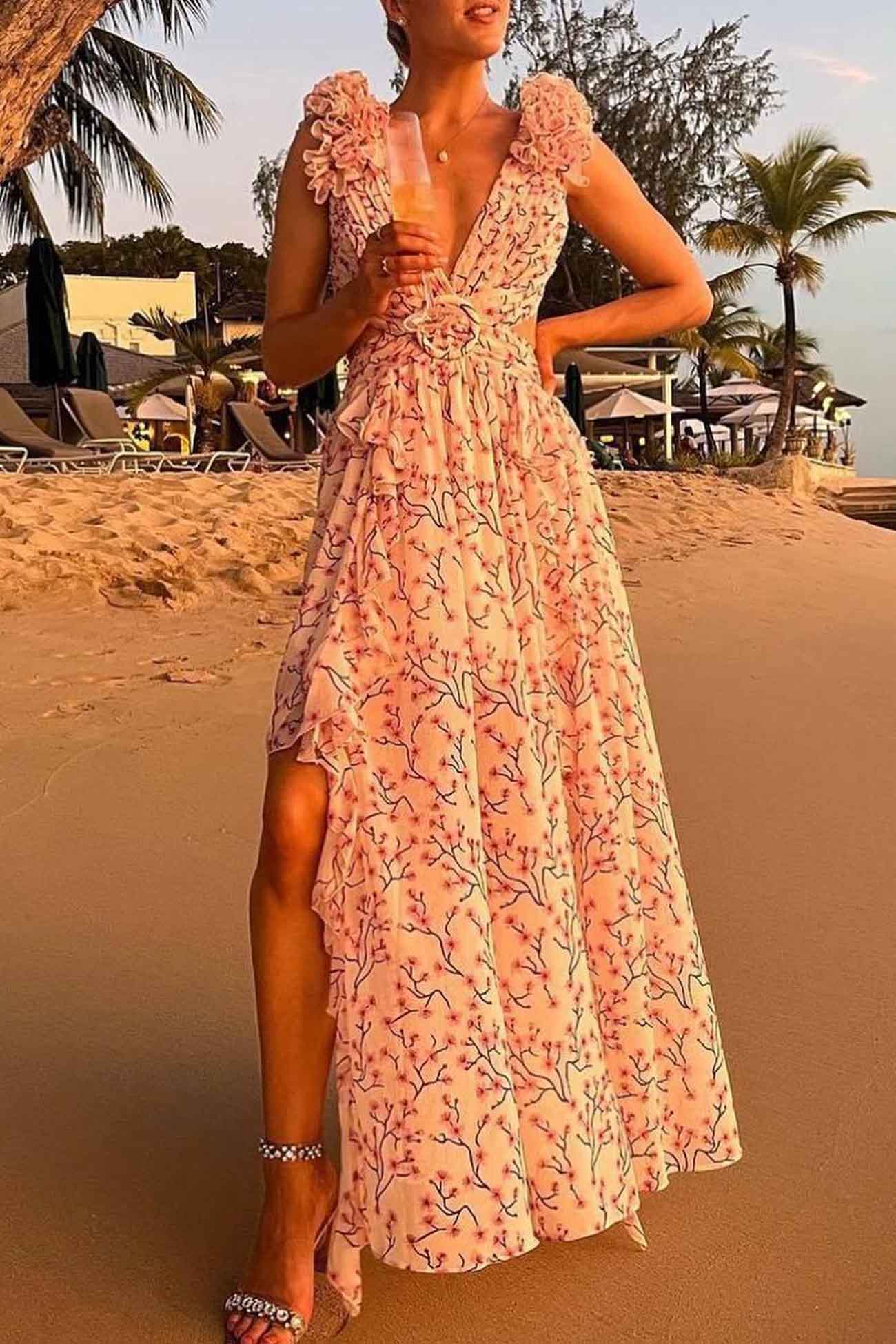 Floral Deep V-Neck Ruffled Backless Maxi Dress with Slit