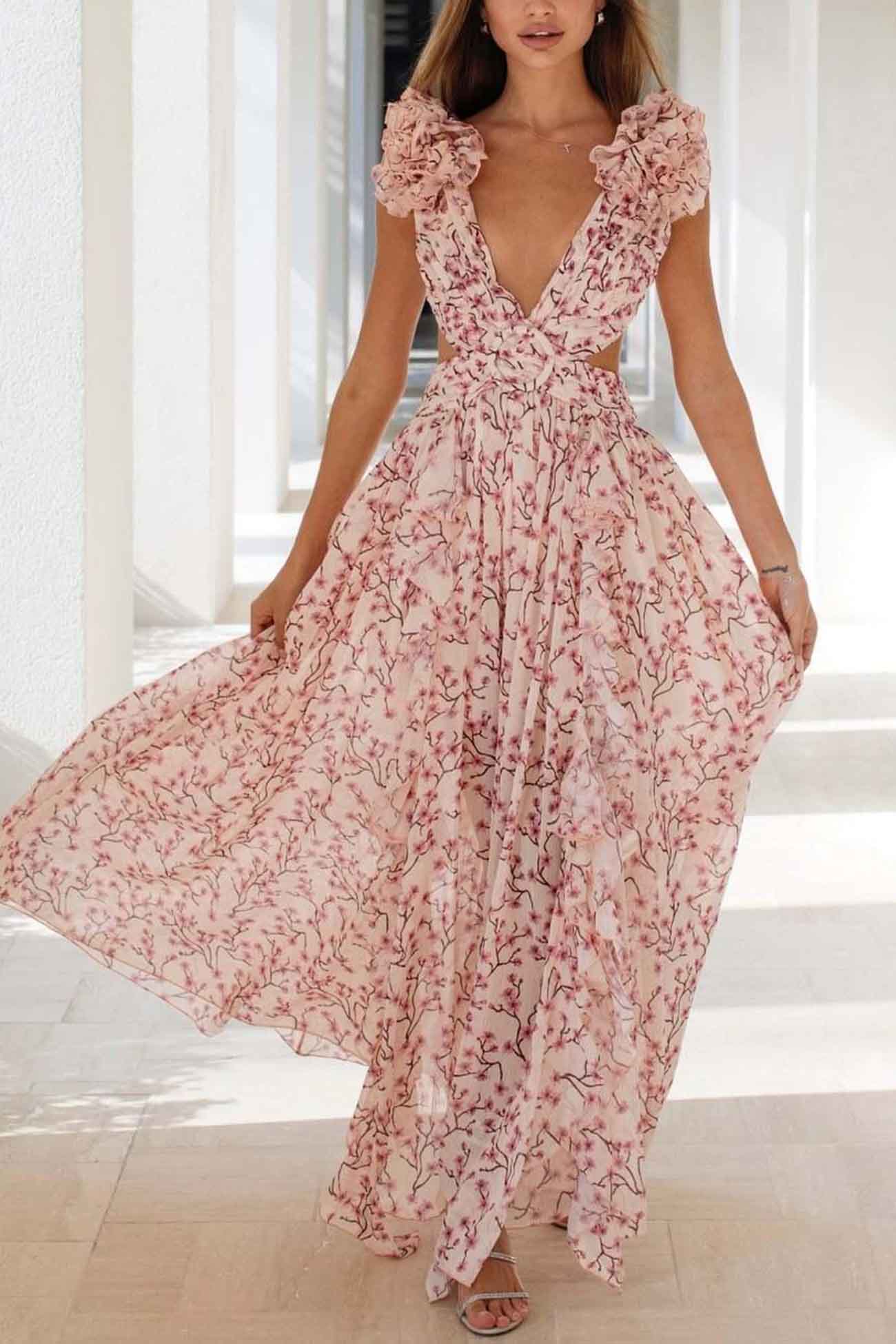 Floral Deep V-Neck Ruffled Backless Maxi Dress with Slit