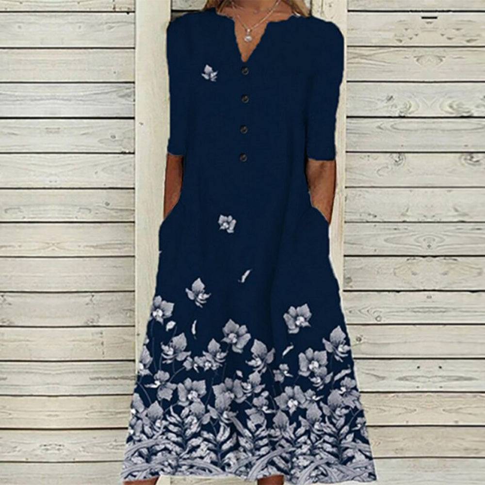 Women’s Midi Dress – V-Neck – Button Front – Short Sleeve – Floral Butterfly Print – Pockets