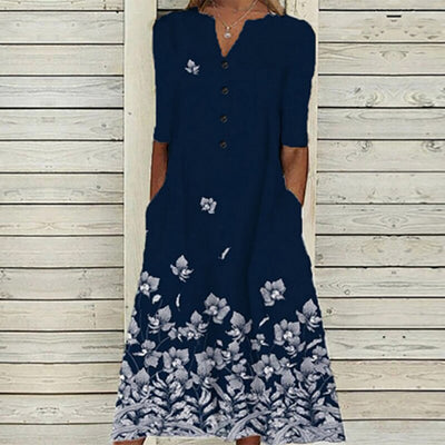 Women’s Midi Dress – V-Neck – Button Front – Short Sleeve – Floral Butterfly Print – Pockets