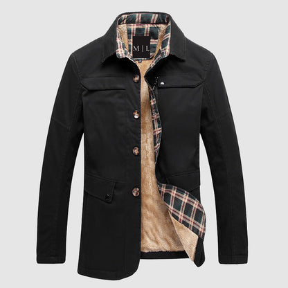 Men’s Mid-Length Jacket – Regular Fit – Fleece Lined – Button Front – Flap Pockets