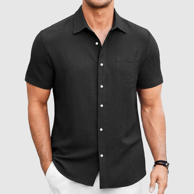 Men’s Short-Sleeve Button-Up Shirt – Lightweight Breathable Fabric – Tailored Fit – Chest Pocket