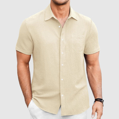 Men’s Short-Sleeve Button-Up Shirt – Lightweight Breathable Fabric – Tailored Fit – Chest Pocket