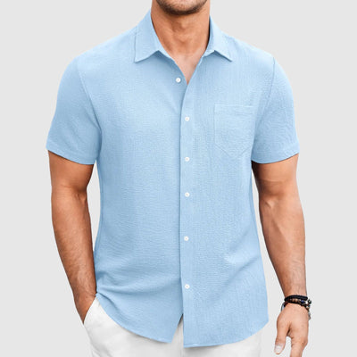 Men’s Short-Sleeve Button-Up Shirt – Lightweight Breathable Fabric – Tailored Fit – Chest Pocket