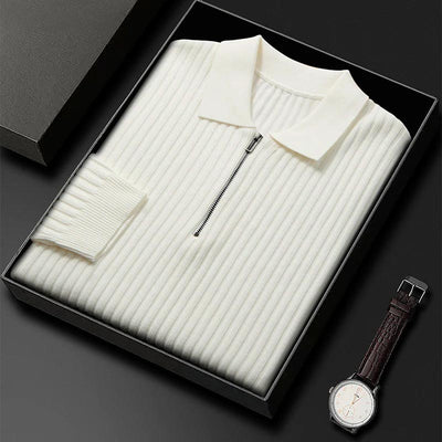 Men’s Ribbed Knit Polo Sweater - Zip Neck - Long Sleeve - Textured Stretch Fit