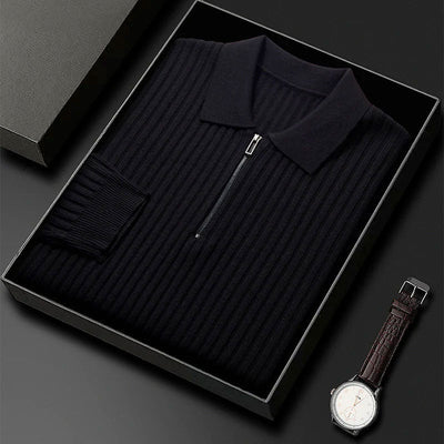 Men’s Ribbed Knit Polo Sweater - Zip Neck - Long Sleeve - Textured Stretch Fit