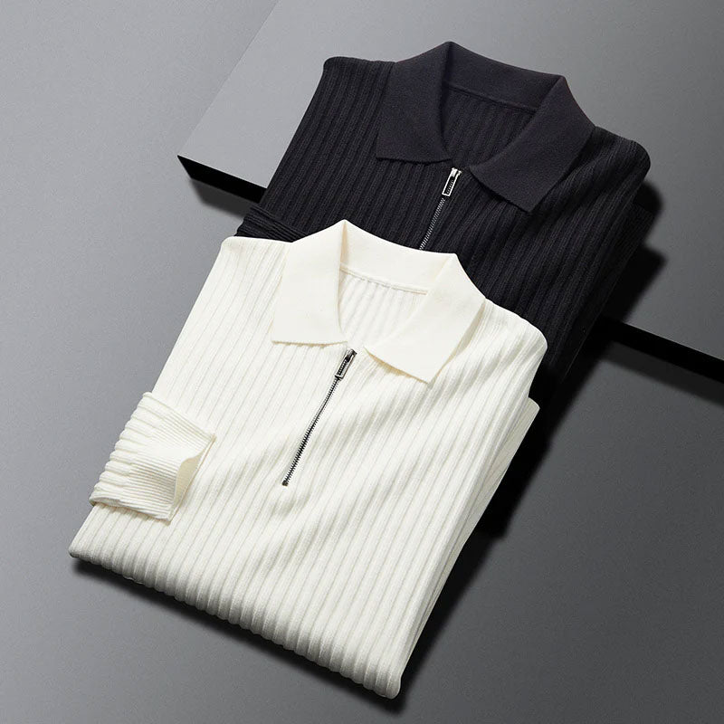 Men’s Ribbed Knit Polo Sweater - Zip Neck - Long Sleeve - Textured Stretch Fit
