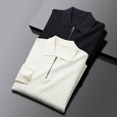 Men’s Ribbed Knit Polo Sweater - Zip Neck - Long Sleeve - Textured Stretch Fit
