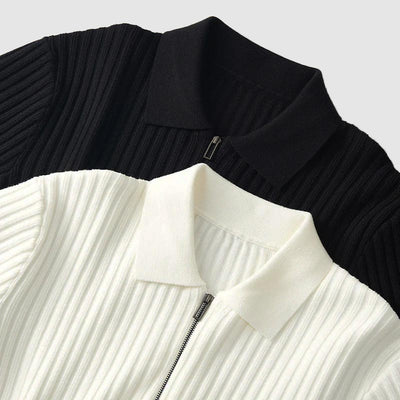 Men’s Ribbed Knit Polo Sweater - Zip Neck - Long Sleeve - Textured Stretch Fit