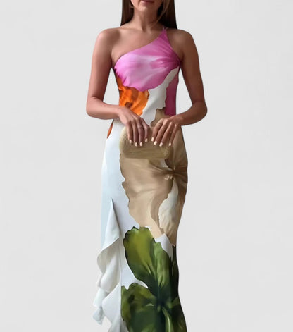 Women’s Evening Dress – Asymmetric Neckline – Fitted Silhouette – Luxury Fabric