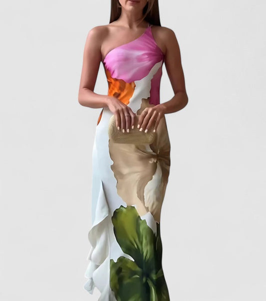 Women’s Evening Dress – Asymmetric Neckline – Fitted Silhouette – Luxury Fabric