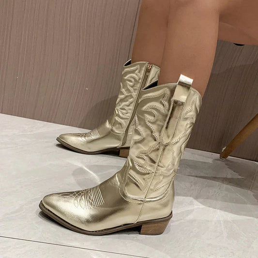 Women’s Cowboy Boots – Mid Calf – Western Stitching – Pointed Toe – Side Zipper Pull Tabs