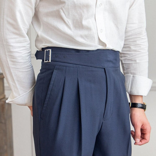 Men’s High-Waisted Trousers – Tailored Fit – Pleated Front – Adjustable Side Buckle