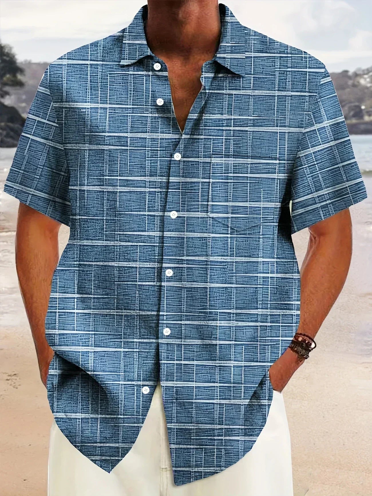 Men’s Short Sleeve Shirt – Plaid Pattern – Regular Fit – Button Down – Breathable Blend