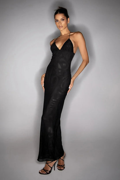 Women’s Full-Length Dress – Slim Fit – Open Back – Butterfly Embellishments – Draped Fabric