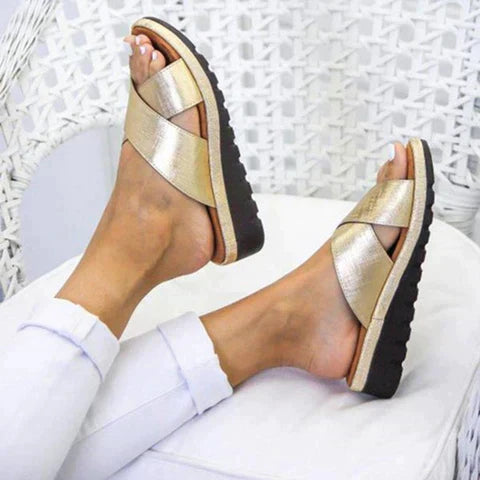 Women’s Sandals – Woven Crisscross Straps – Platform Sole – Slip-On Casual Fit
