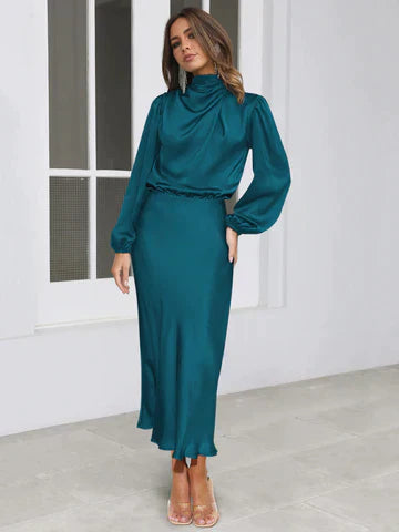 Women's Midi Dress - Satin Finish - High Neck - Long Sleeve Elegant Evening Wear
