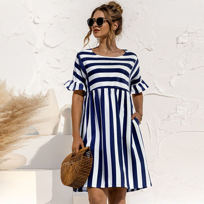 Women's Striped Dress - A-Line Silhouette - Short Puff Sleeves - Round Neck