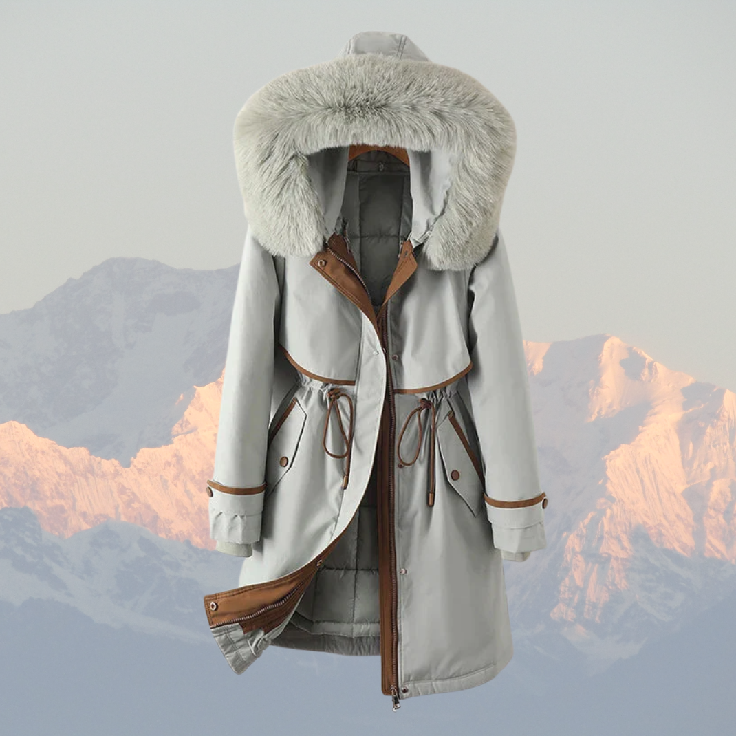 Women’s Parka Jacket – Quilted Lining – Faux Fur Hood – Adjustable Waist – Zip Closure