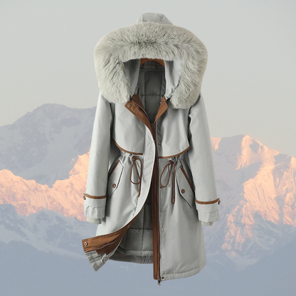 Women’s Parka Jacket – Quilted Lining – Faux Fur Hood – Adjustable Waist – Zip Closure